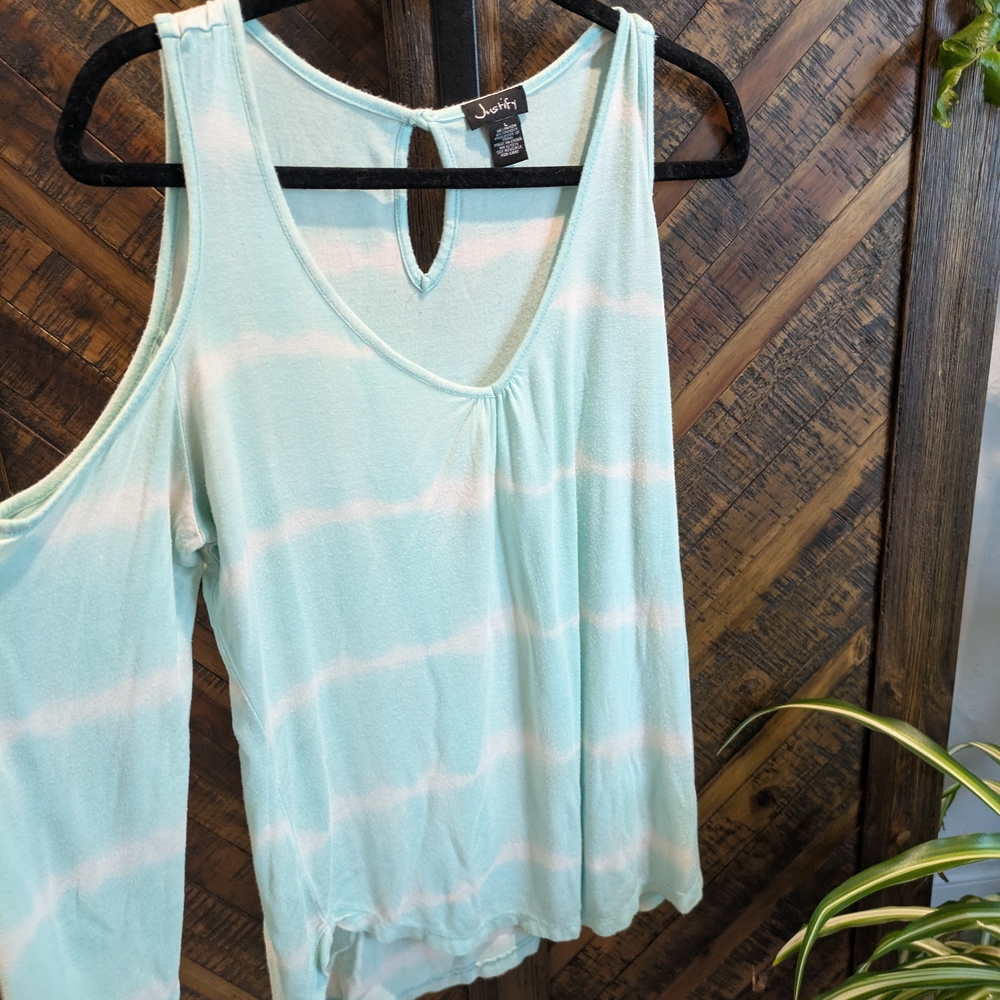 Justify Aqua and White Cold Shoulder Blouse